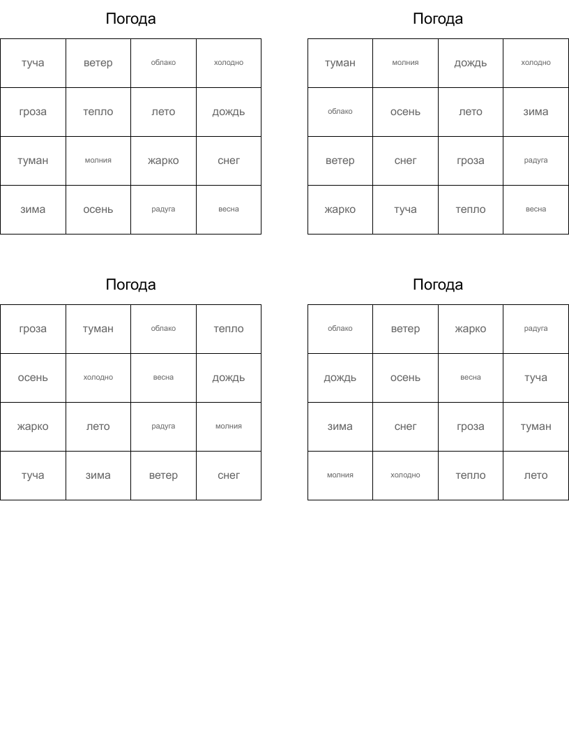 Погода Bingo Cards