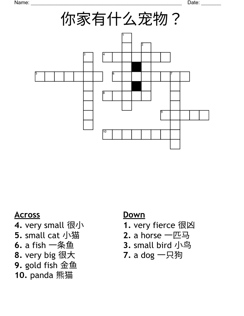 你家有什么宠物？ Crossword