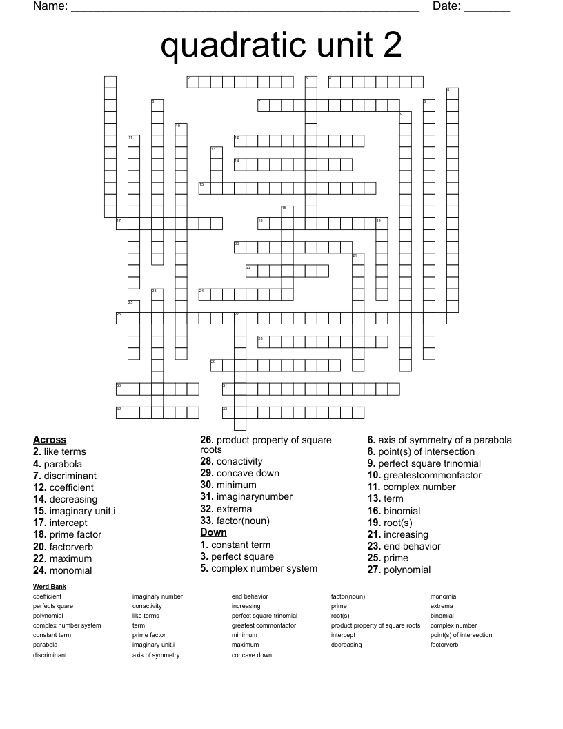 quadratic unit 2 Crossword