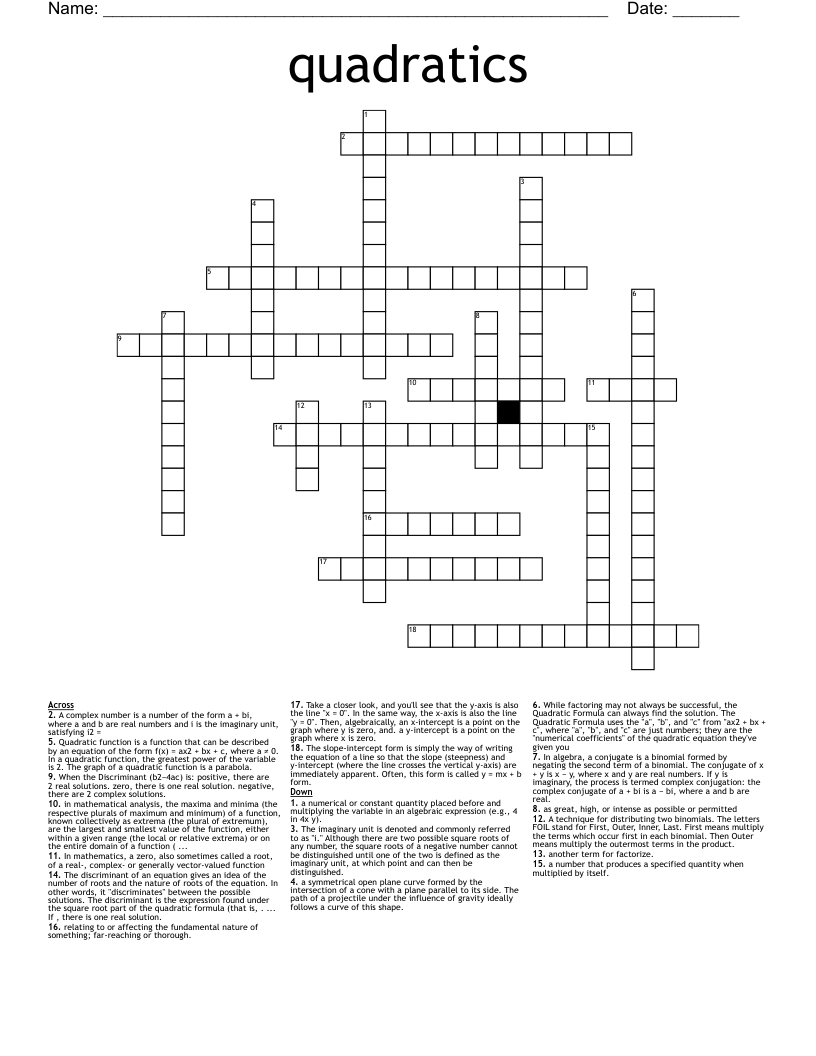 quadratics Crossword