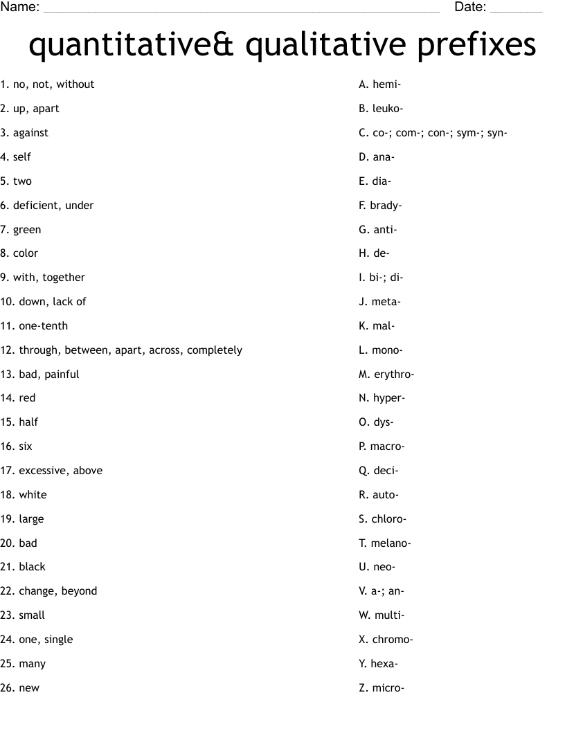 quantitative& qualitative prefixes Worksheet