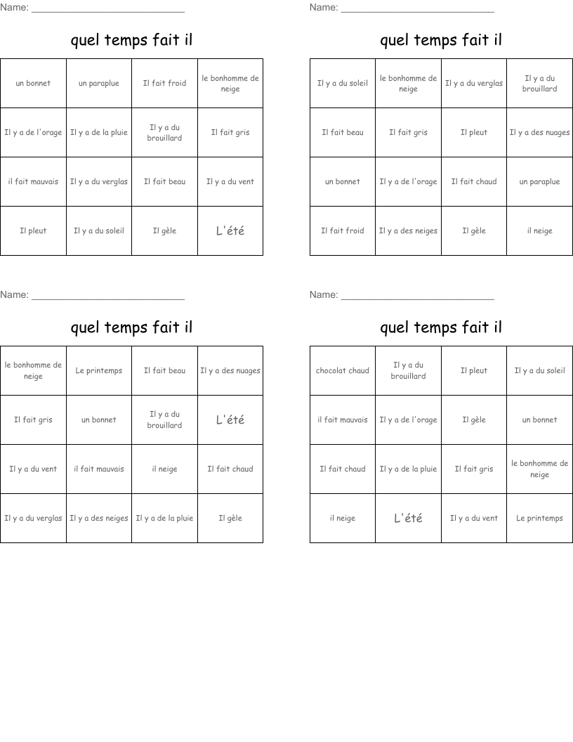 quel temps fait il Bingo Cards