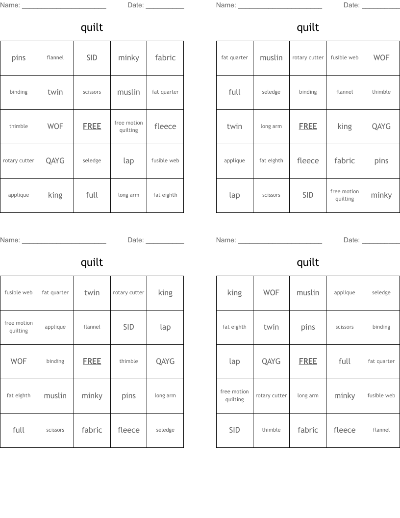 quilt Bingo Cards