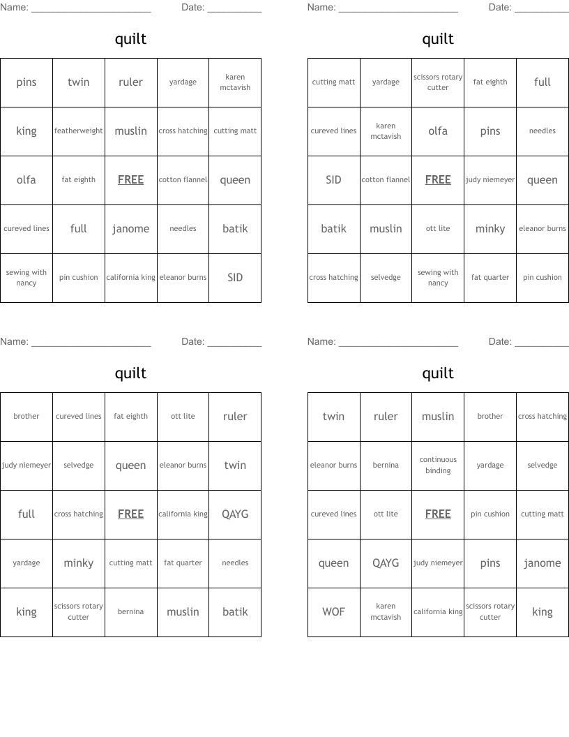 quilt Bingo Cards
