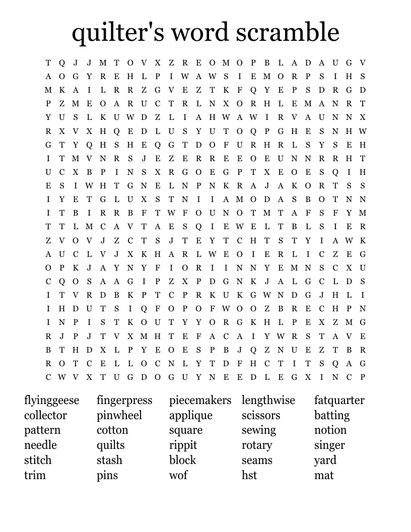 quilter's word scramble Word Search
