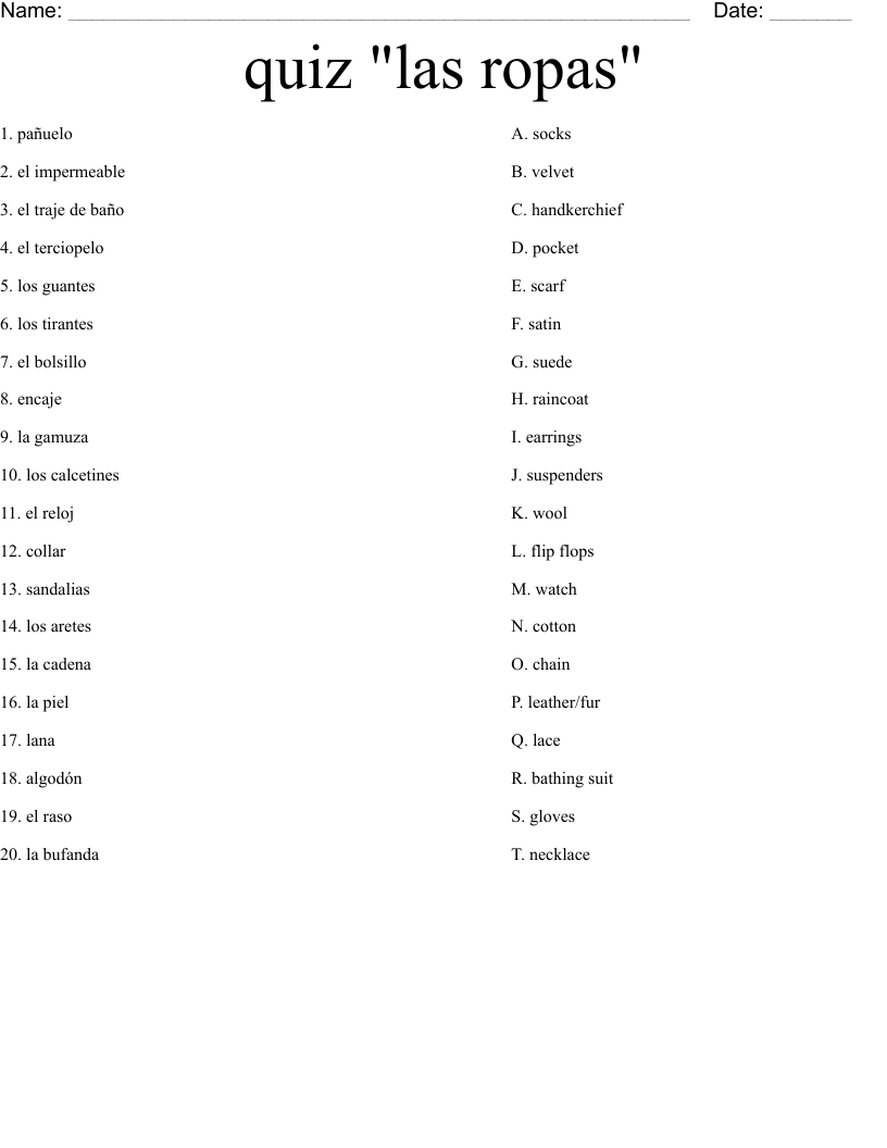 quiz "las ropas" Worksheet