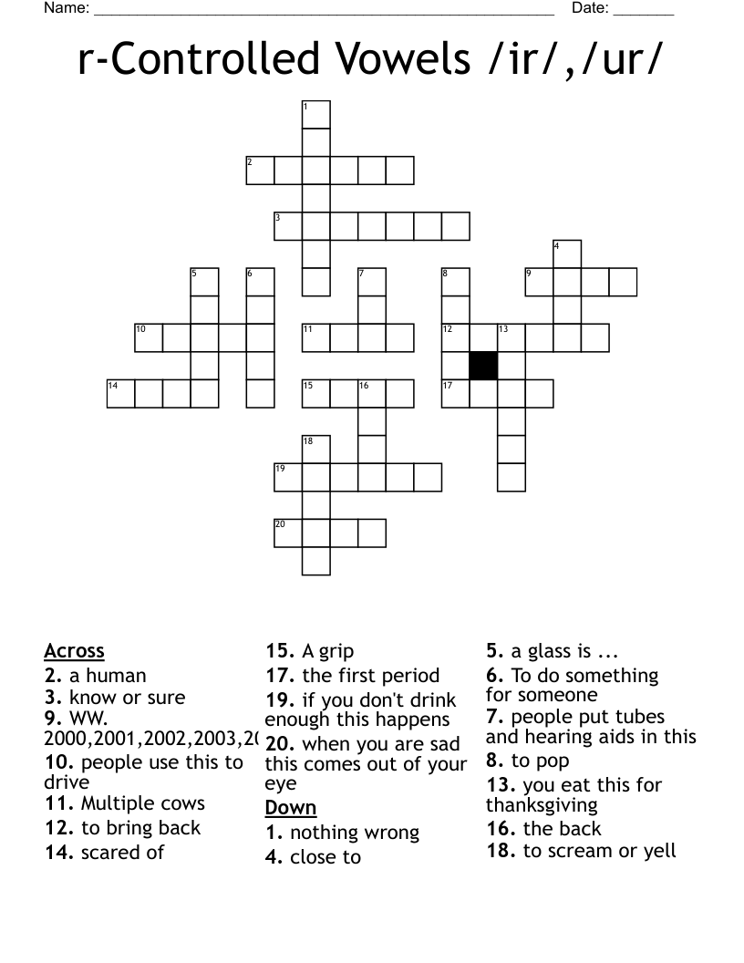 r-Controlled Vowels /ir/,/ur/ Crossword