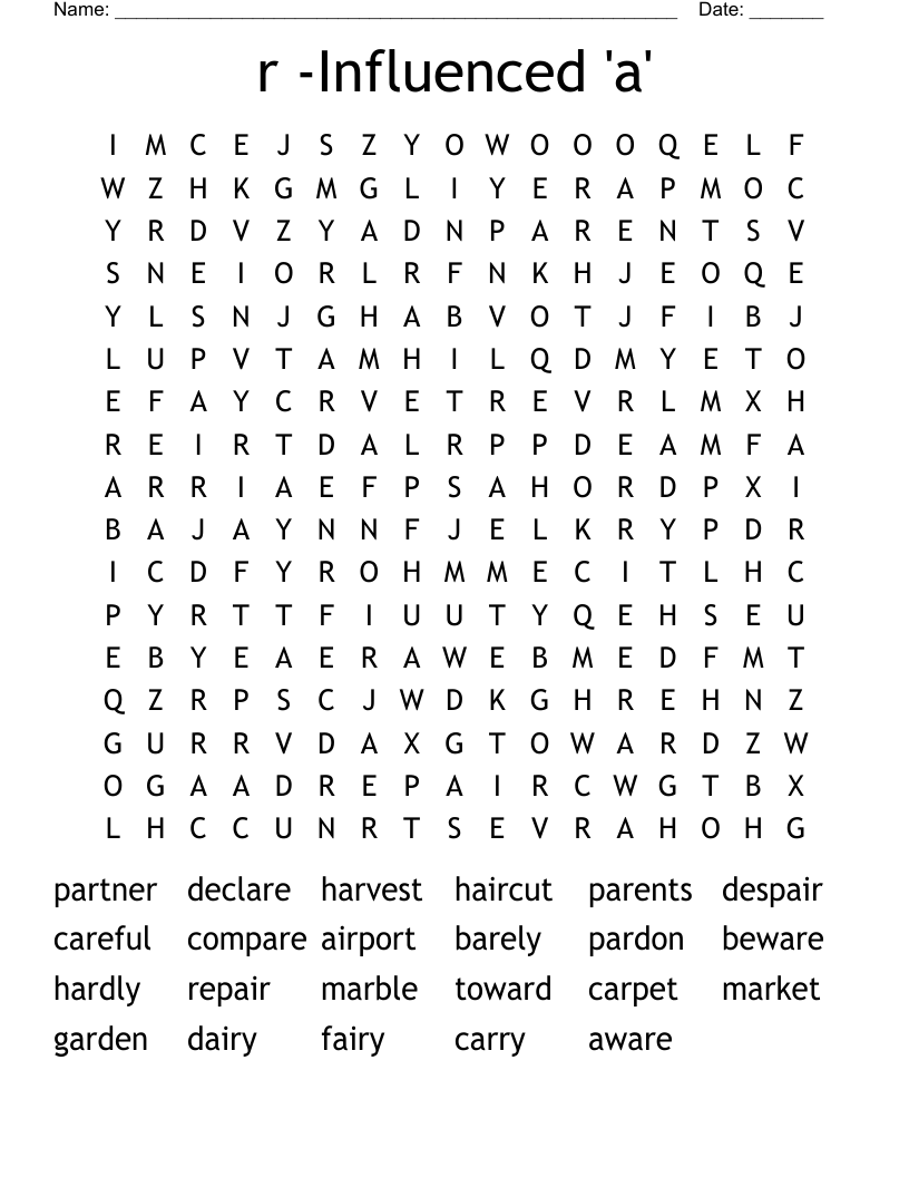 r -Influenced 'a' Word Search
