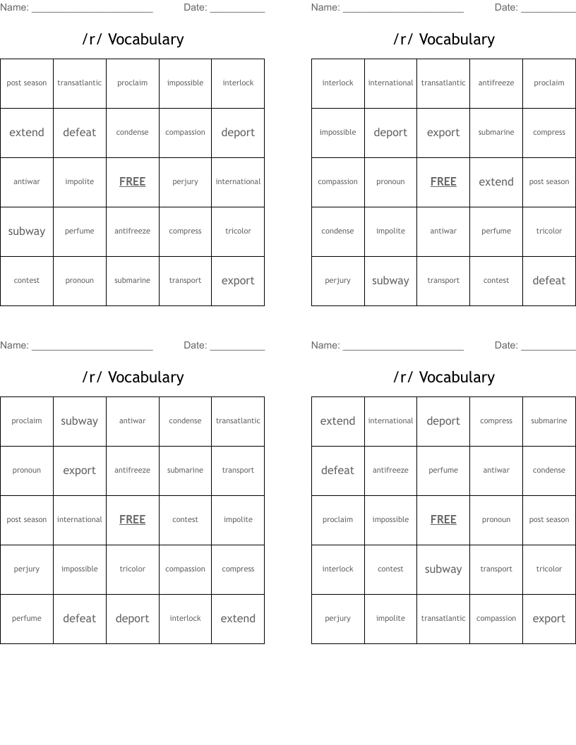 /r/ Vocabulary Bingo Cards