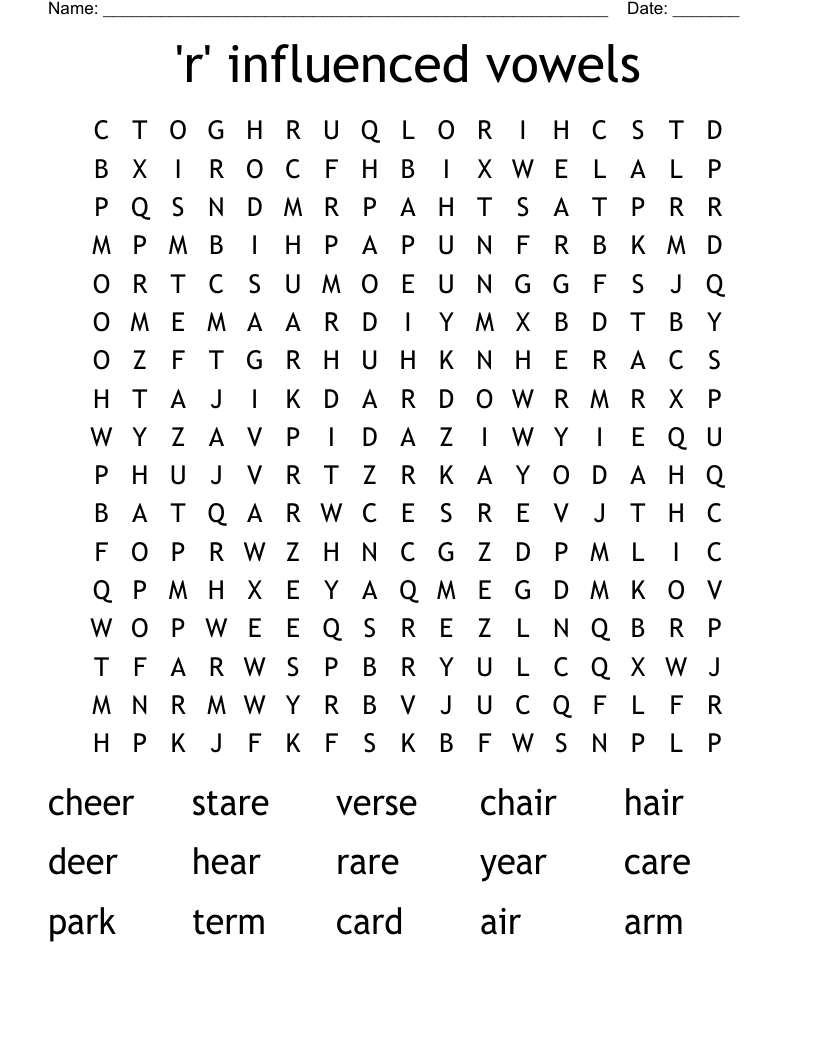 'r' influenced vowels Word Search
