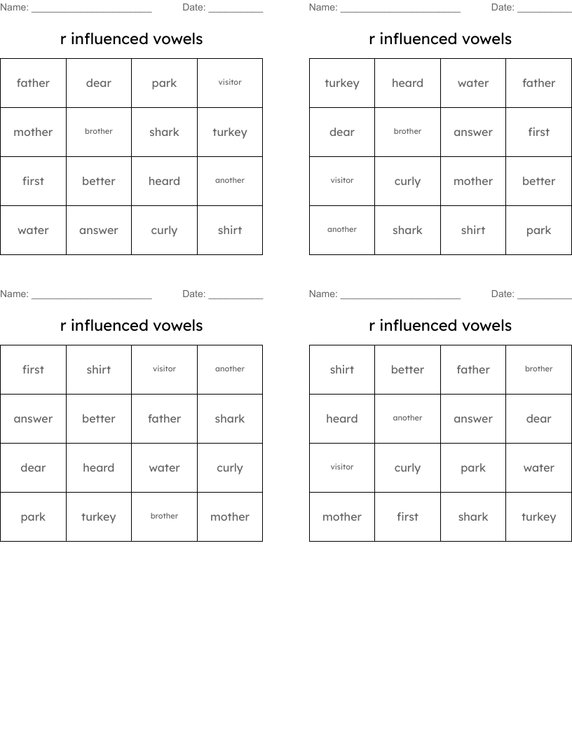 r influenced vowels Bingo Cards