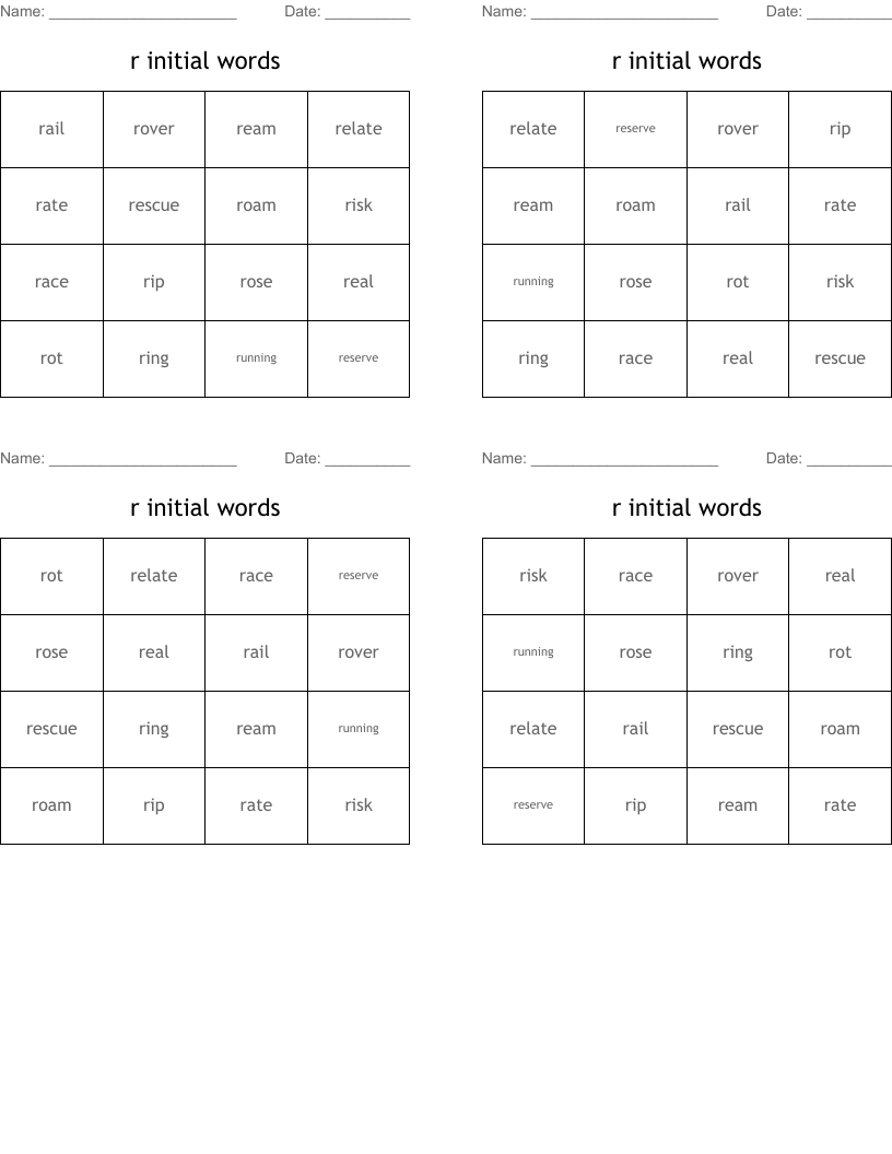 r initial words Bingo Cards