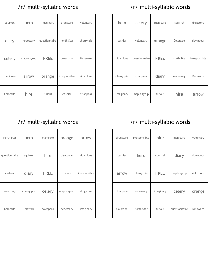 /r/ multi-syllabic words Bingo Cards