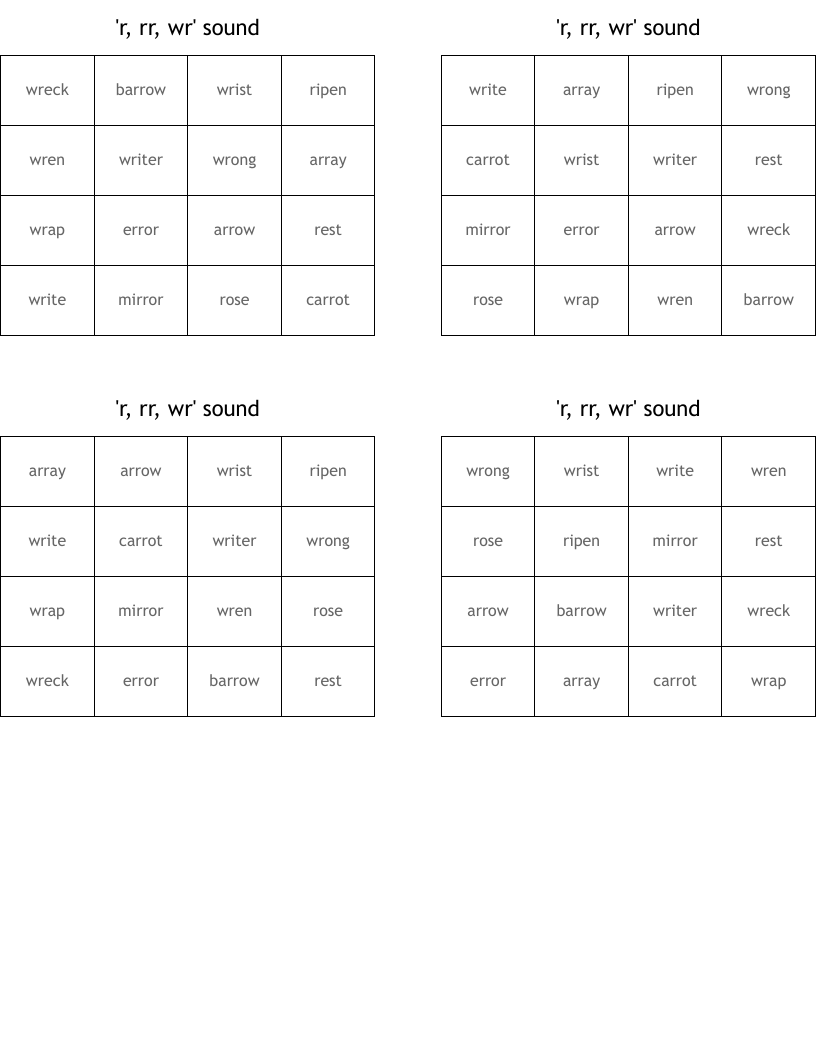'r, rr, wr' sound Bingo Cards