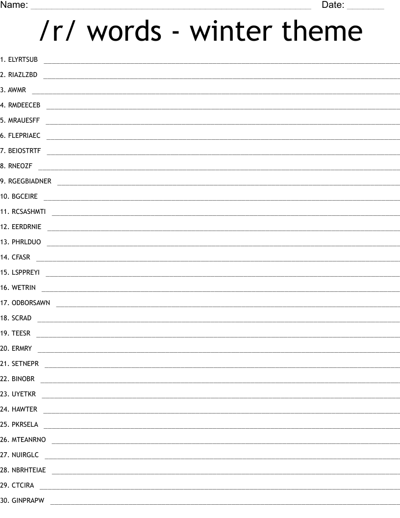 /r/ words - winter theme Word Scramble