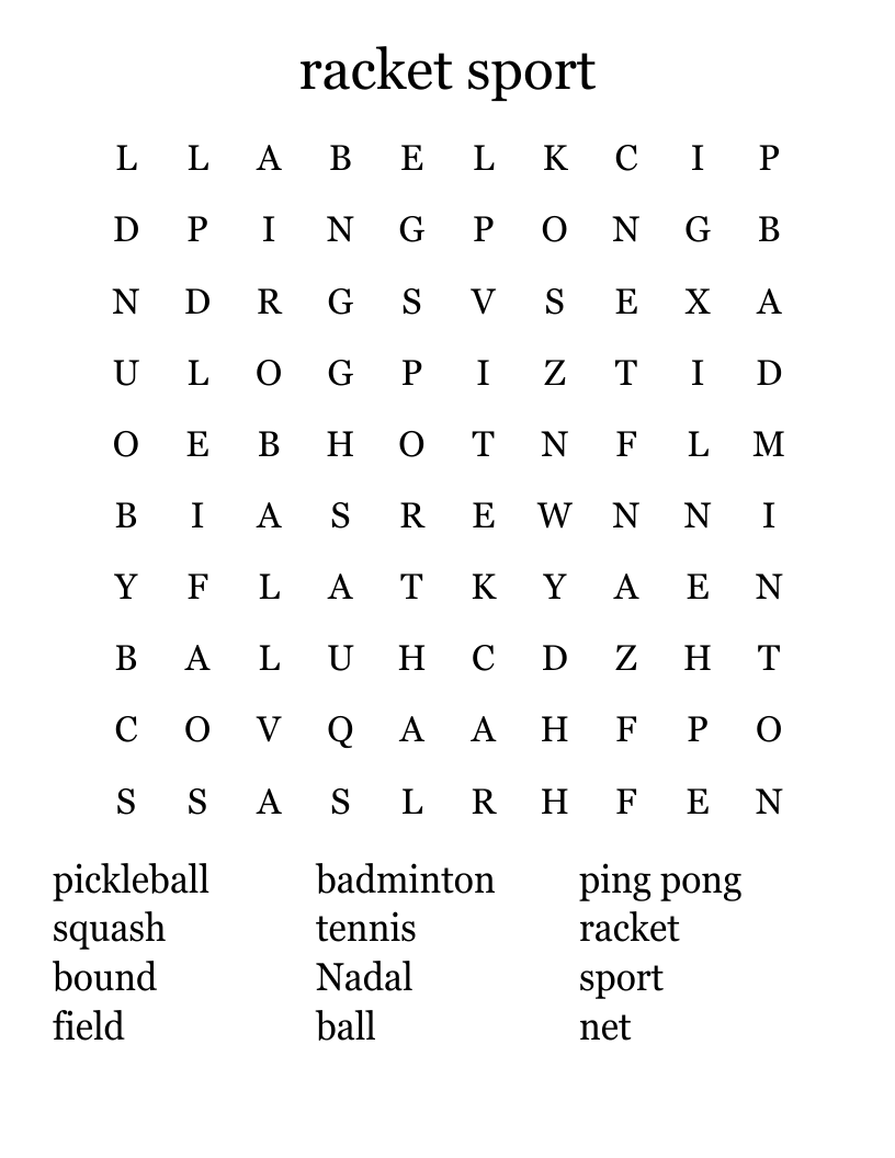 racket sport Word Search