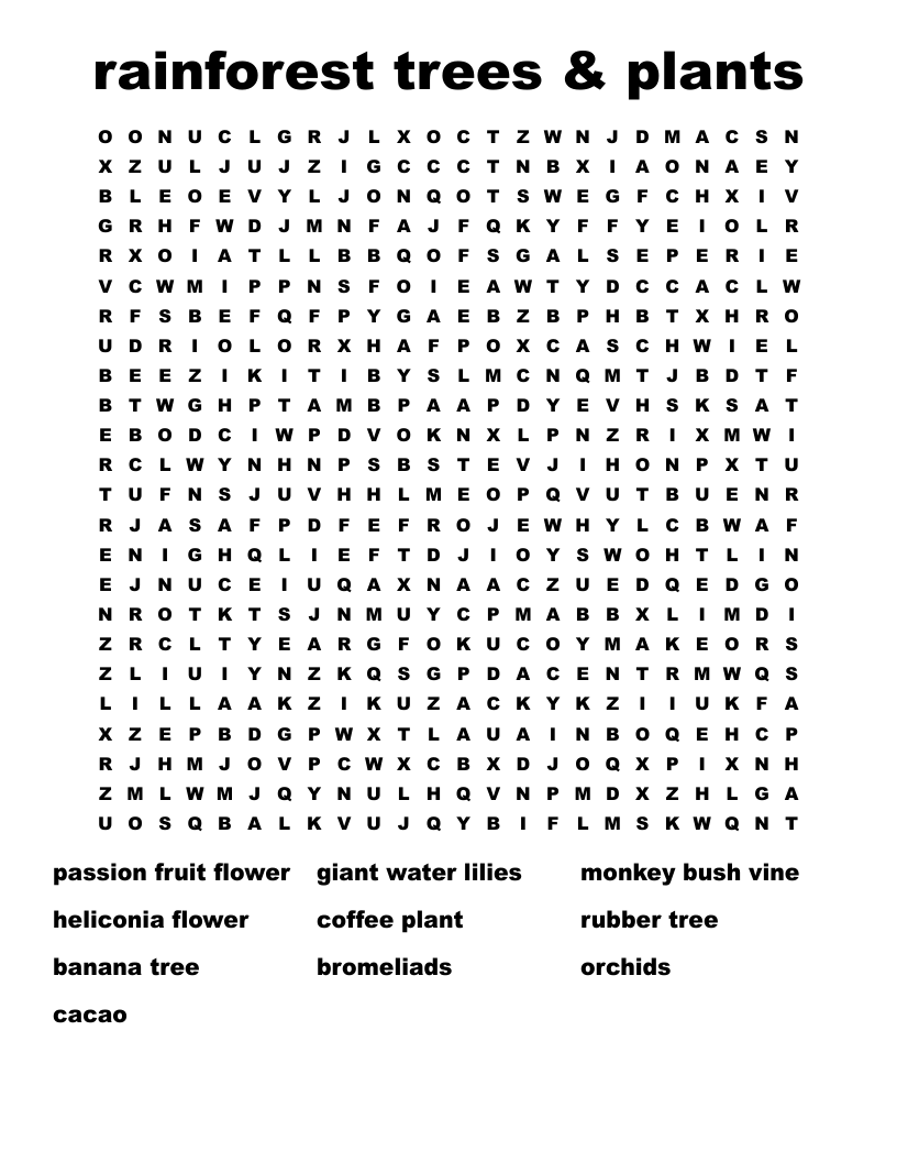 rainforest trees & plants Word Search