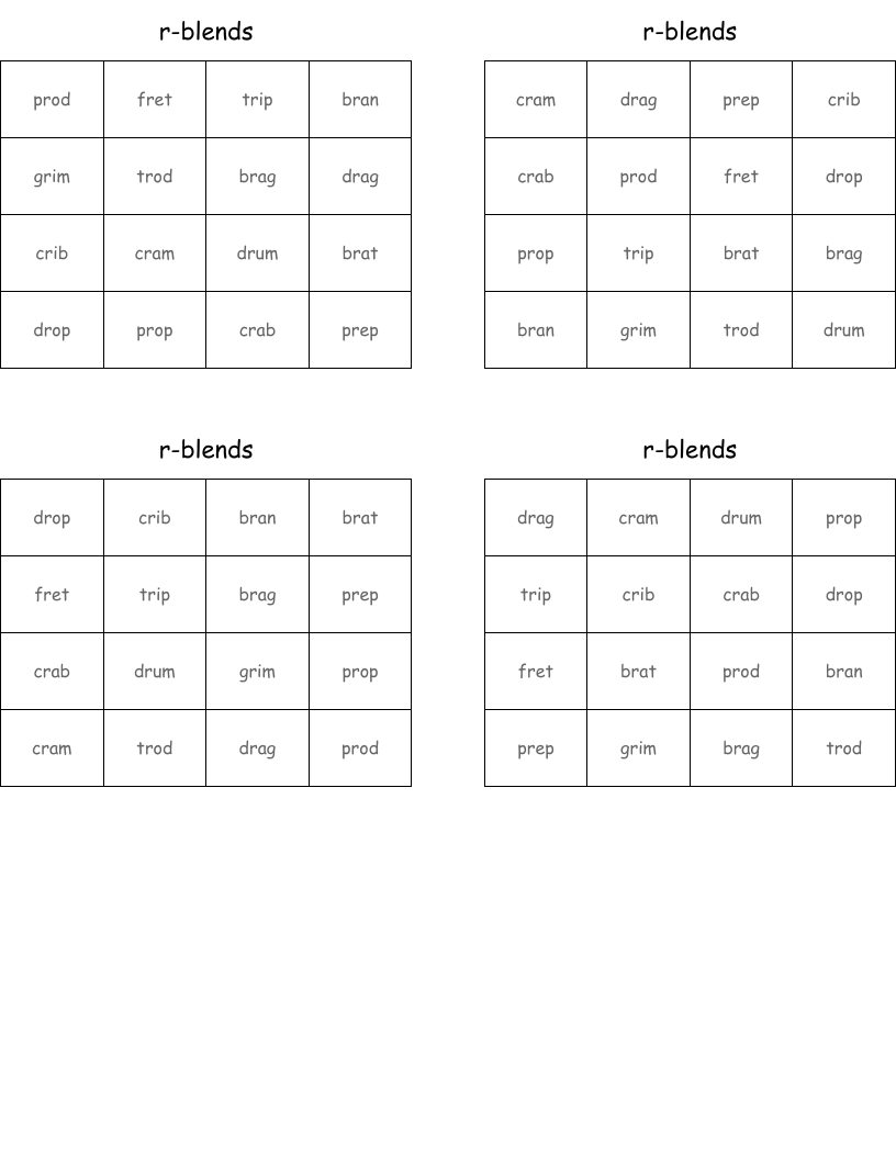 r-blends Bingo Cards