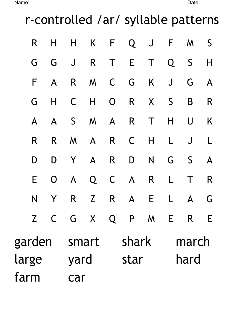 r-controlled /ar/ syllable patterns Word Search