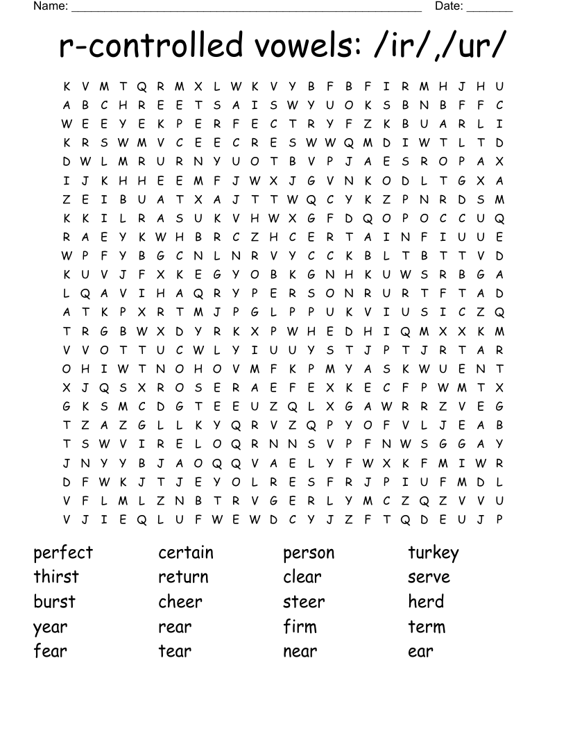 r-controlled vowels: /ir/,/ur/ Word Search