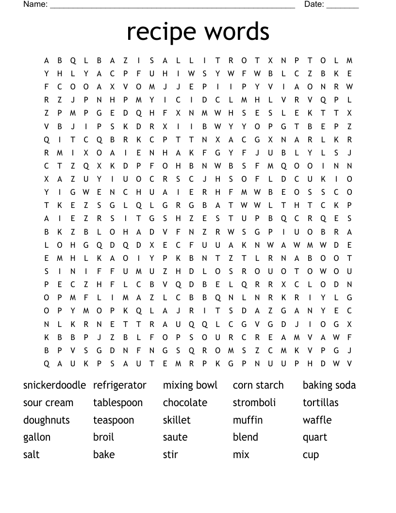recipe words Word Search