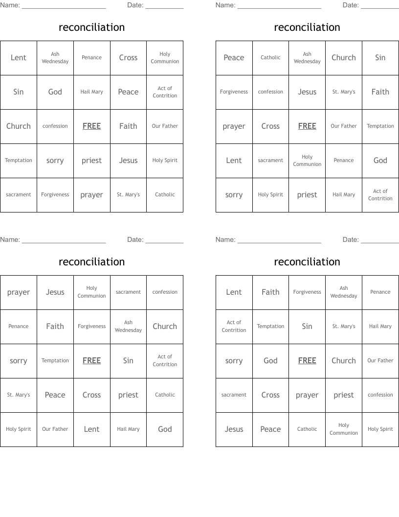 reconciliation Bingo Cards