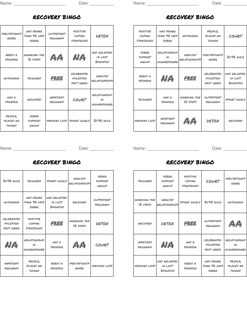 recovery bingo