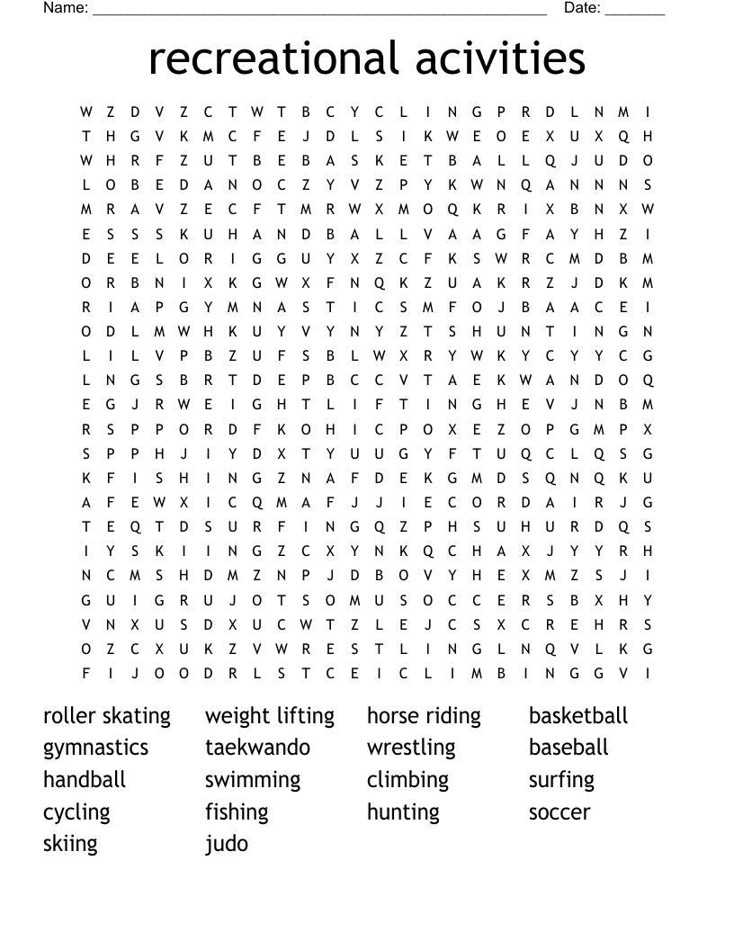 recreational acivities Word Search