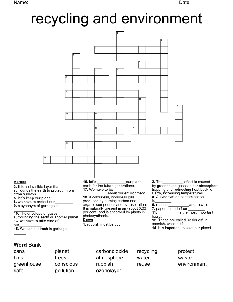 recycling and environment Crossword