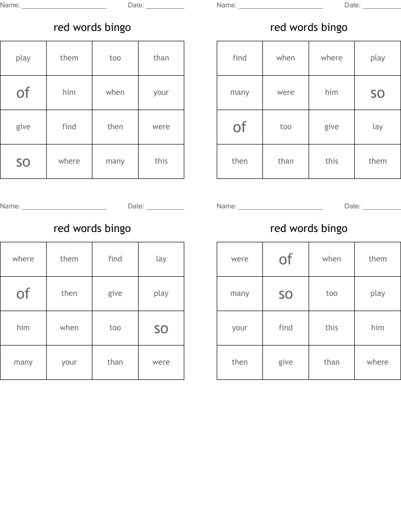 red words bingo