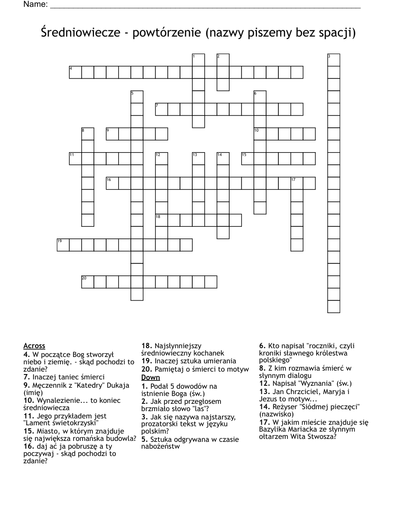 Średniowiecze - powtórzenie (nazwy piszemy bez spacji) Crossword