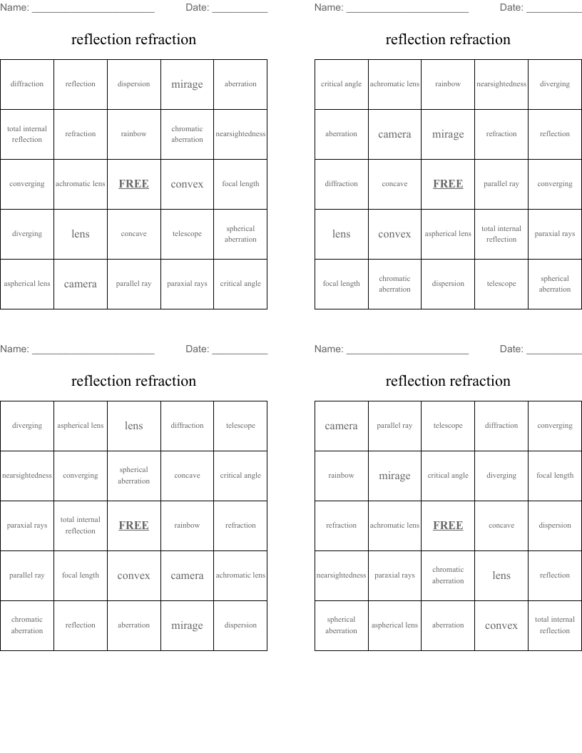 reflection refraction Bingo Cards