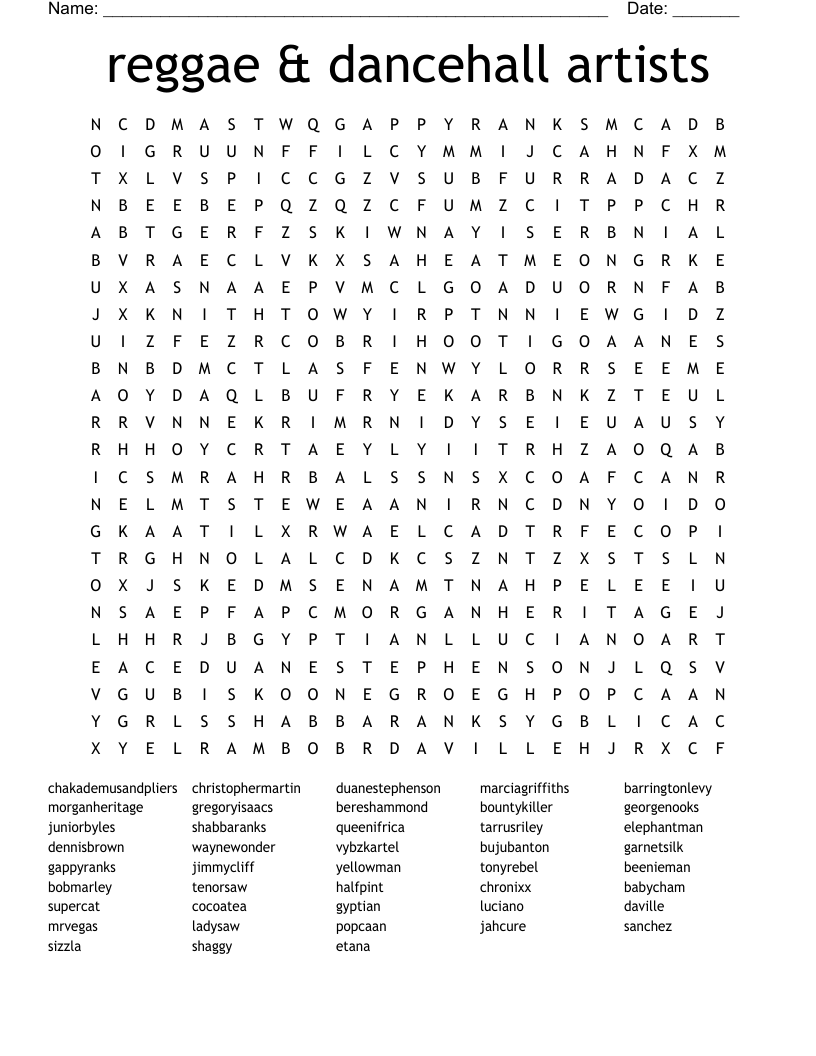 reggae & dancehall artists Word Search