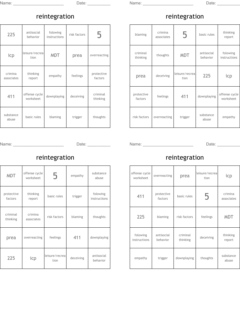 reintegration Bingo Cards