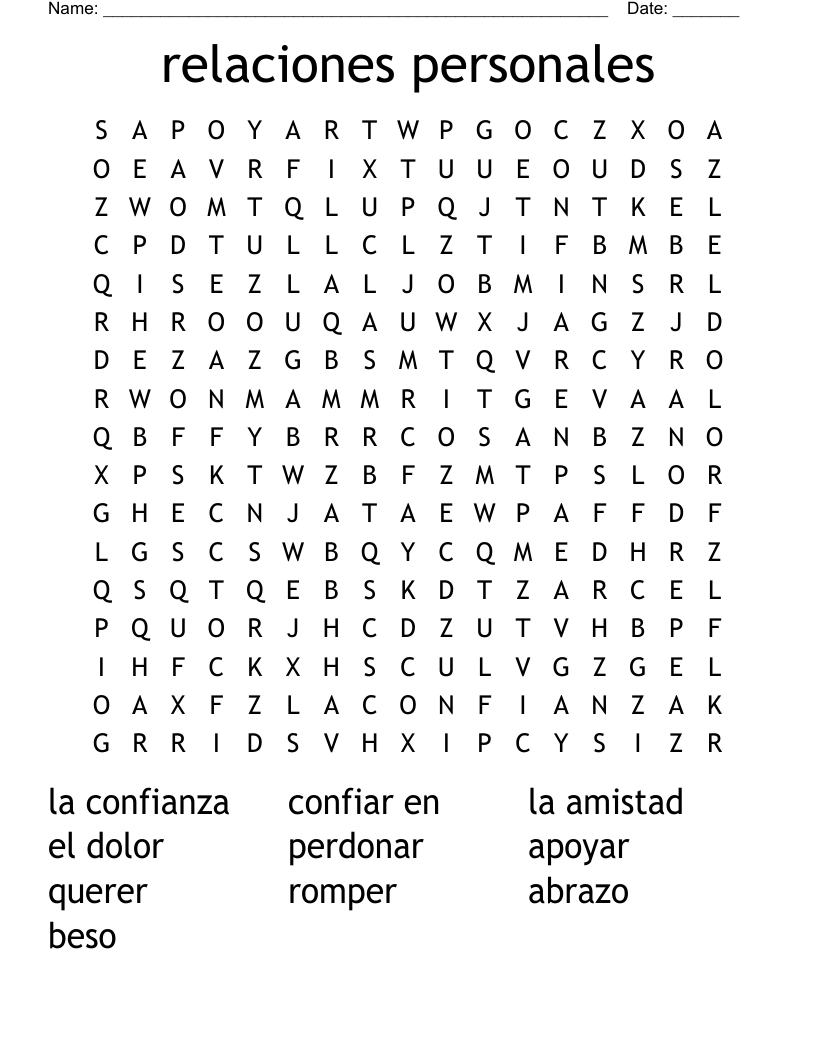 relaciones personales Word Search