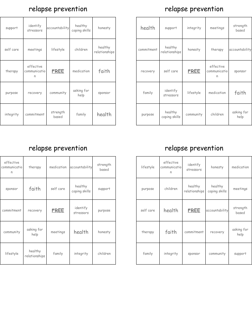 relapse prevention  Bingo Cards
