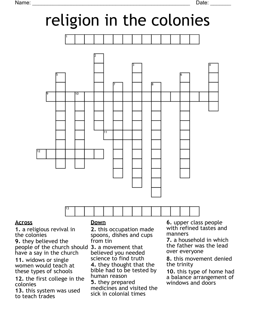 religion in the colonies Crossword