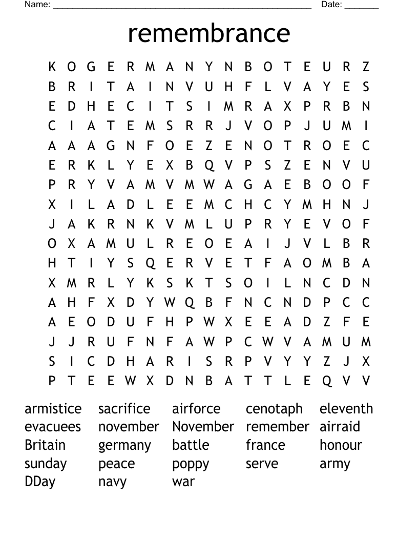 remembrance Word Search
