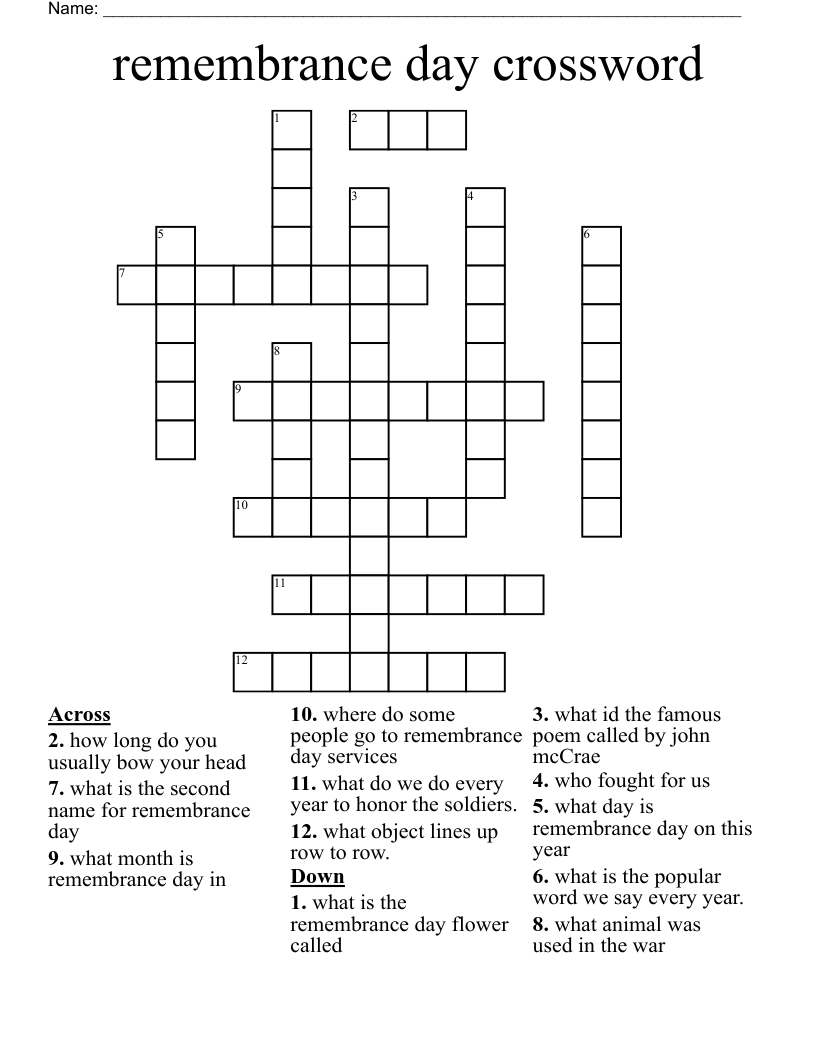 remembrance day crossword