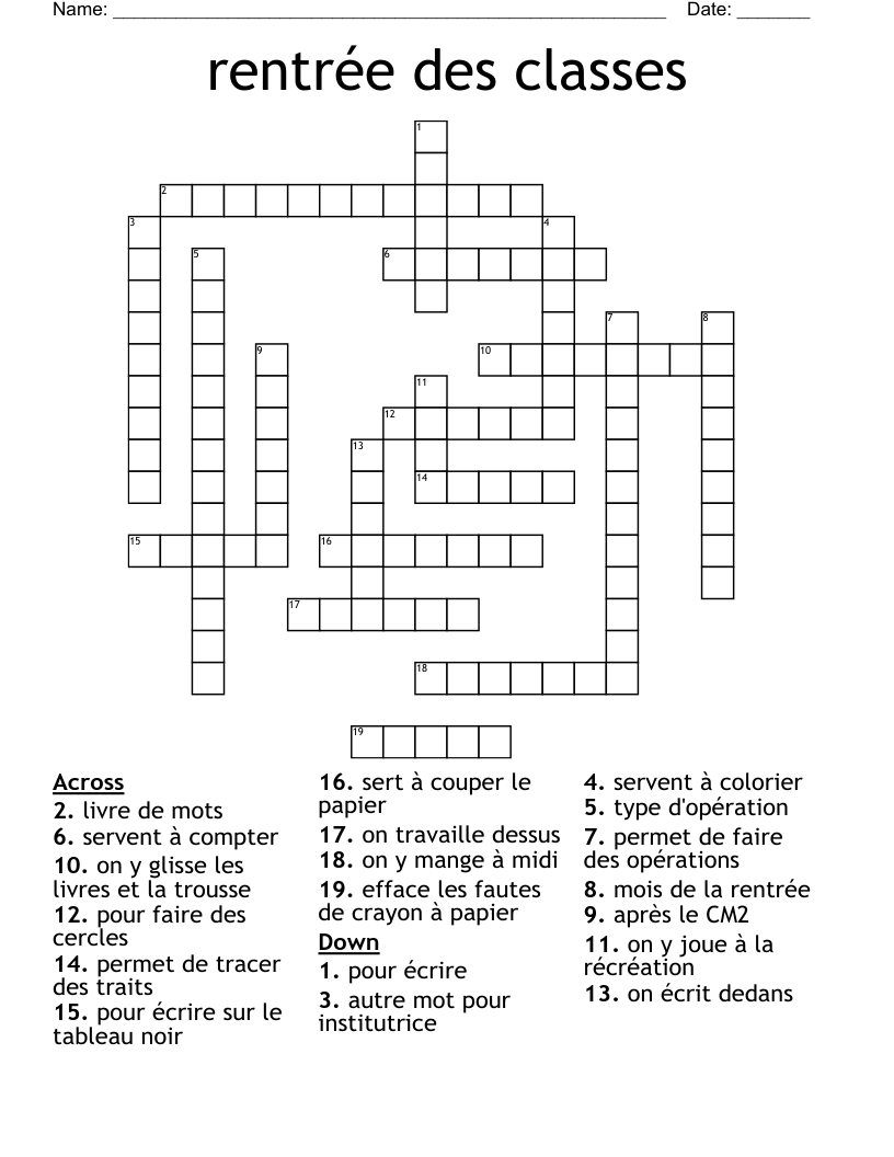 rentrée des classes Crossword