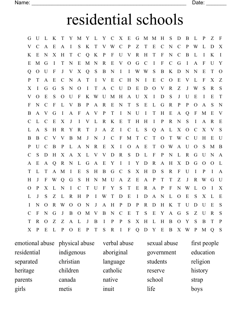 residential schools Word Search