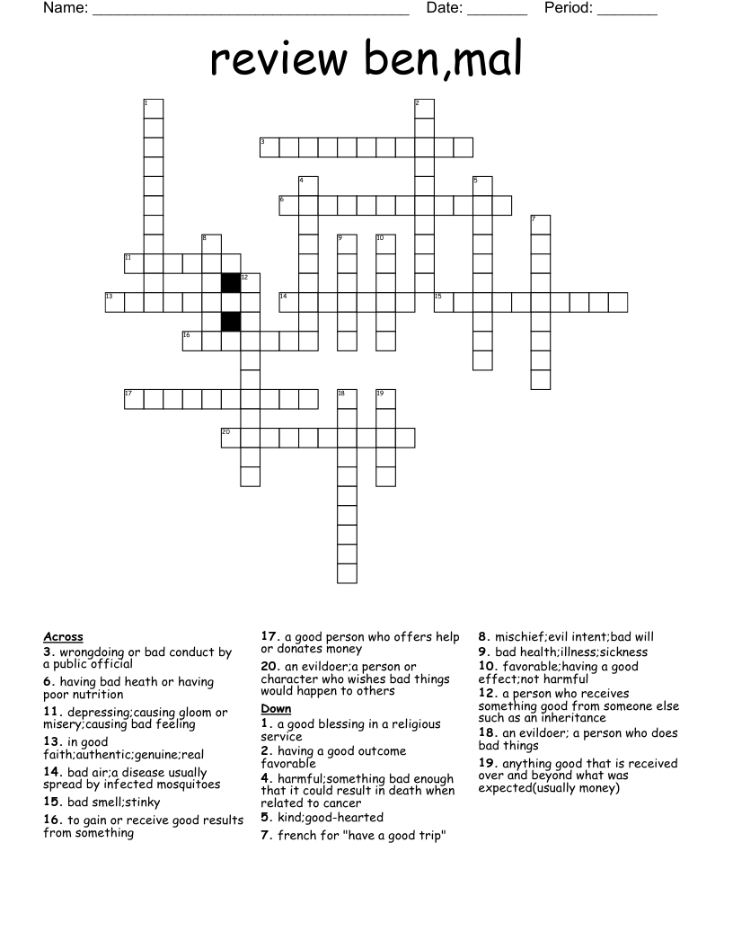 review ben,mal Crossword