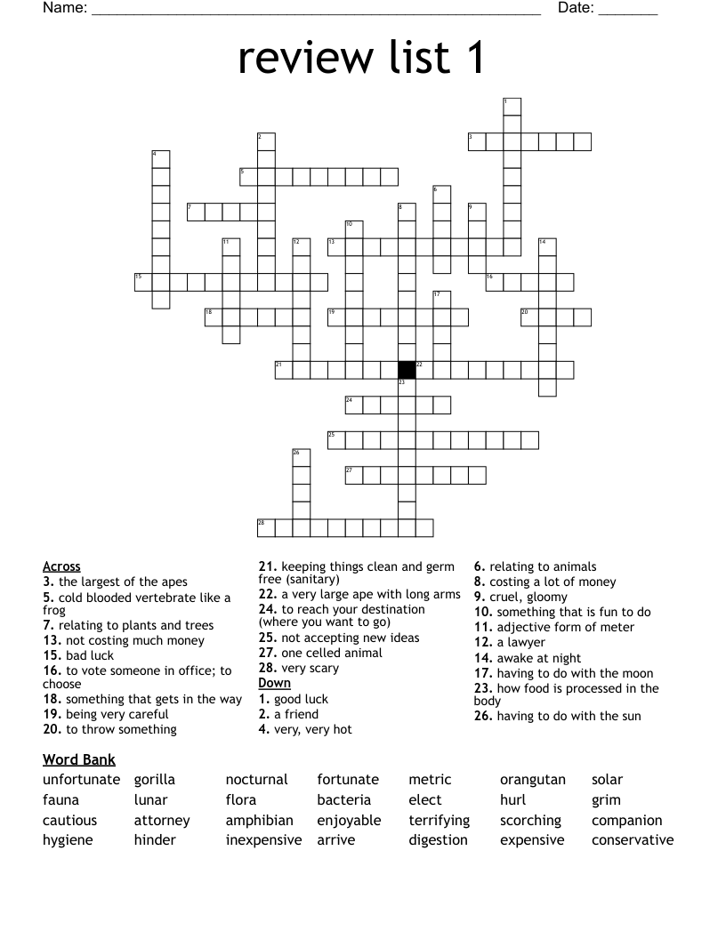review list 1 Crossword