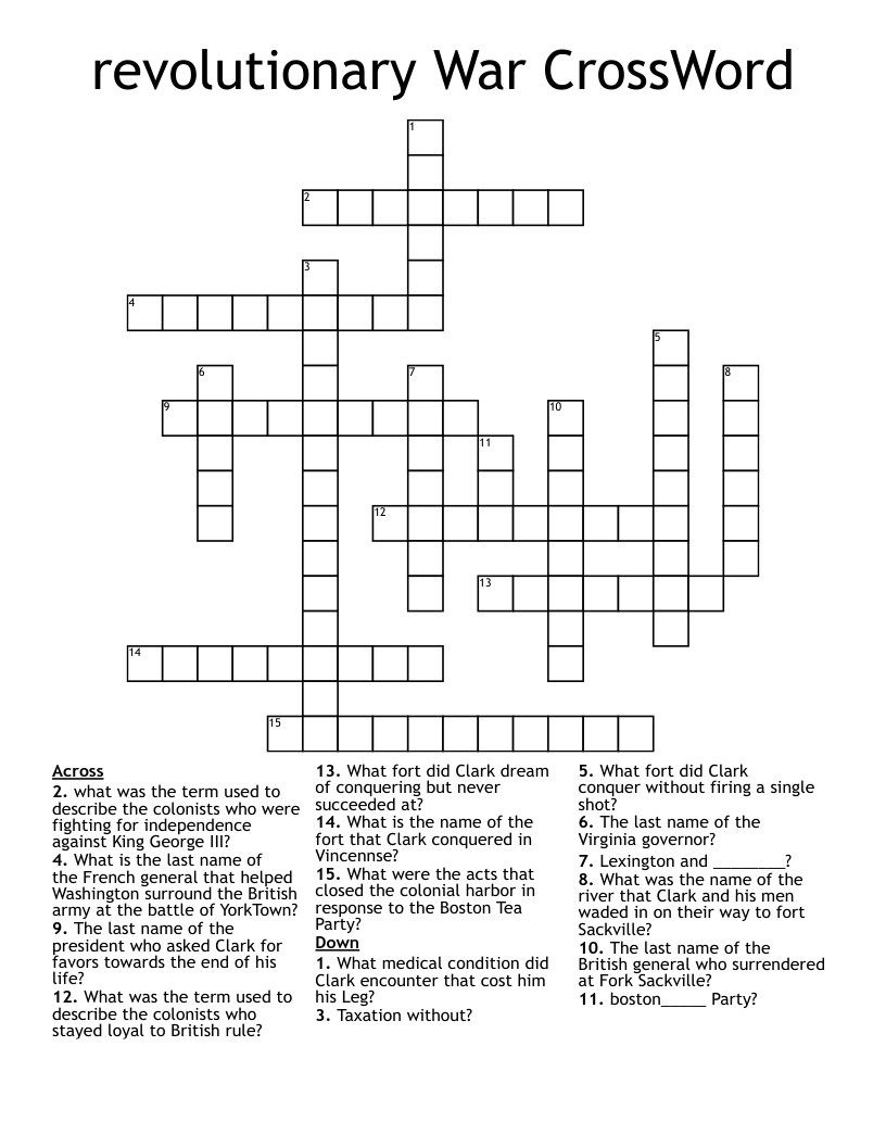 revolutionary War CrossWord