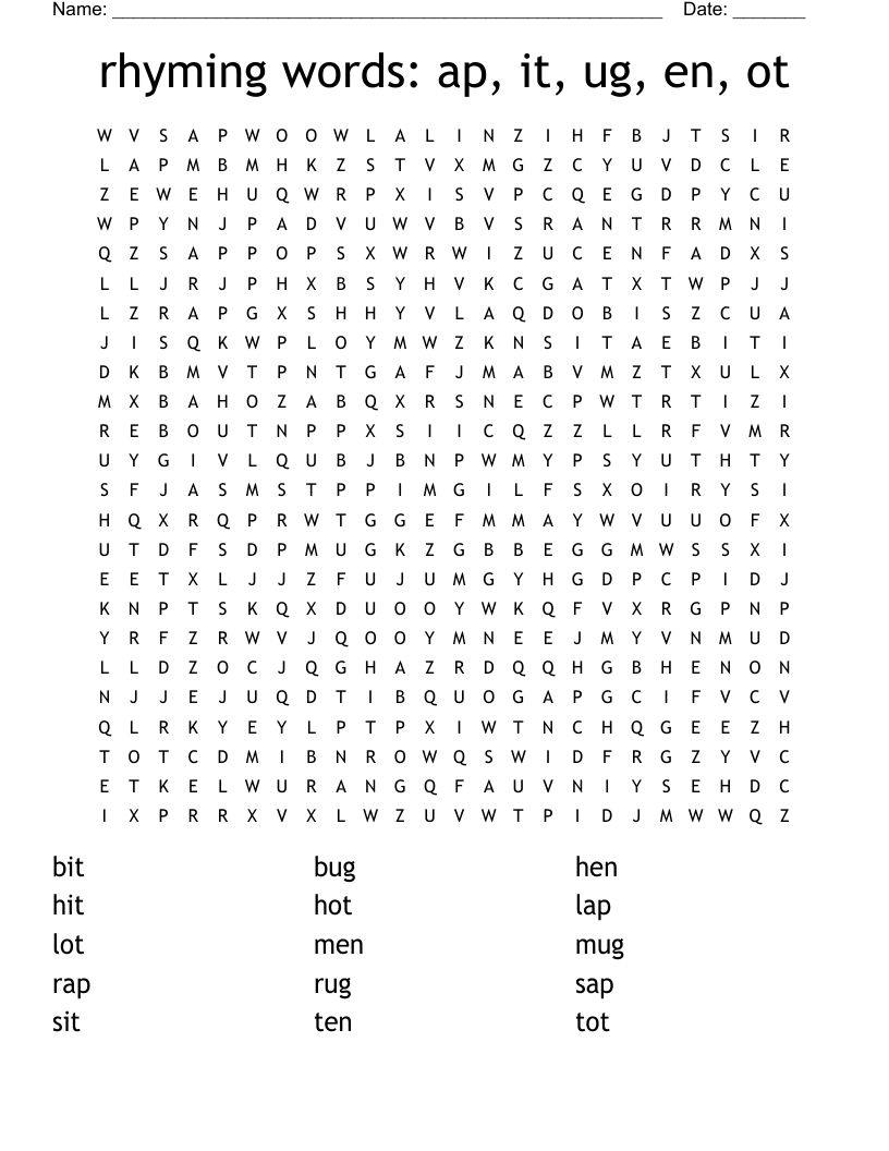 rhyming words:  ap, it, ug, en, ot Word Search