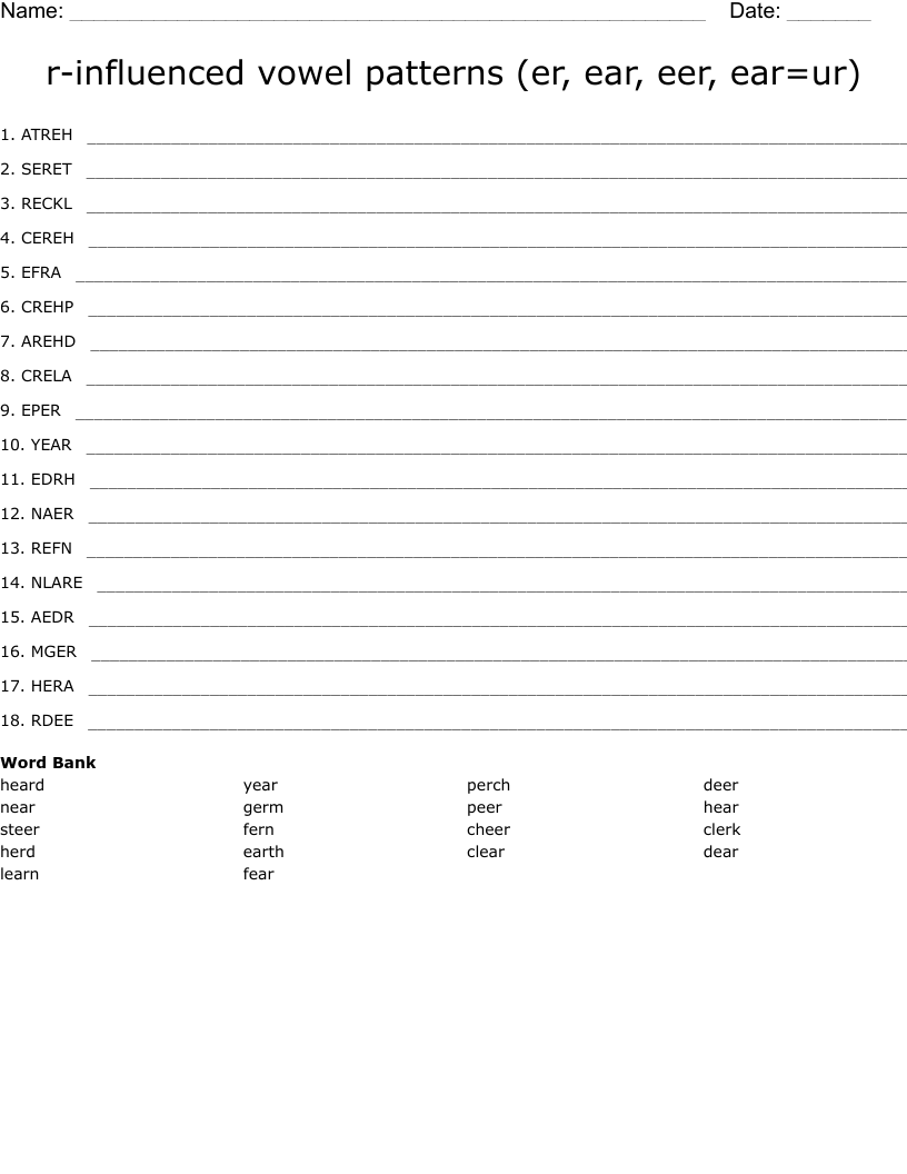 r-influenced vowel patterns (er, ear, eer, ear=ur) Word Scramble