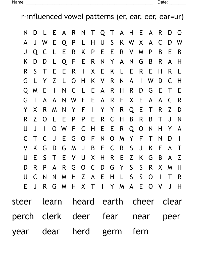 r-influenced vowel patterns (er, ear, eer, ear=ur) Word Search