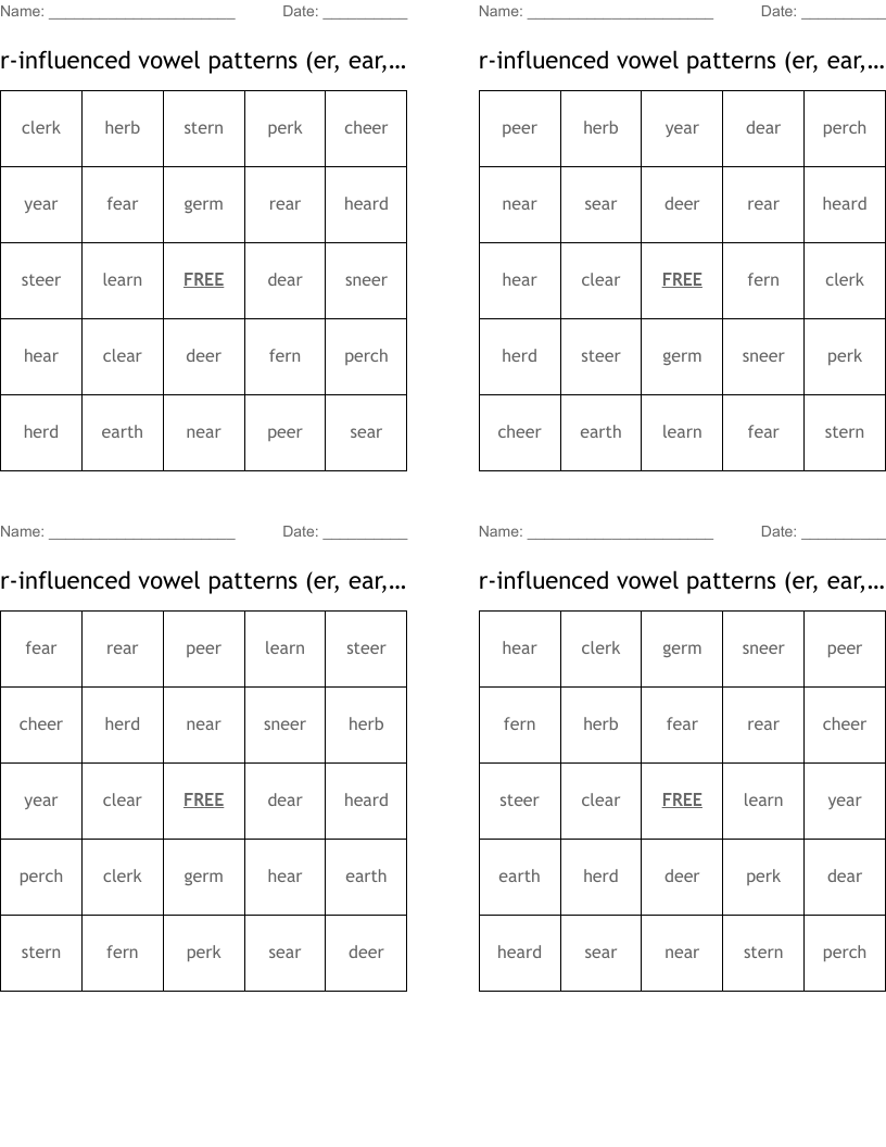 r-influenced vowel patterns (er, ear, eer, ear=ur) Bingo Cards