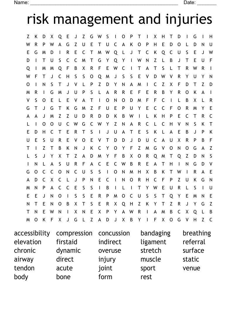 risk management and injuries  Word Search