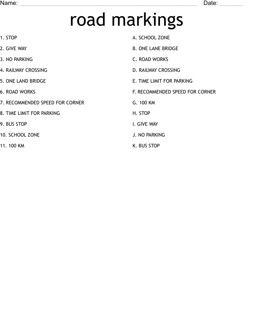 road markings Worksheet